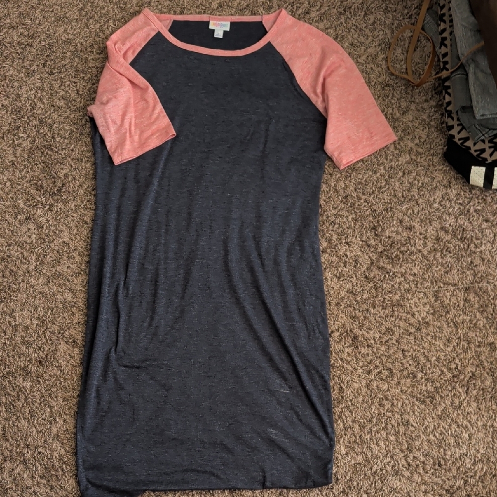 LuLaRoe Navy Dress with Coral Raglan Sleeves